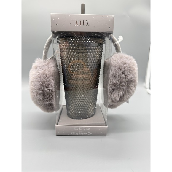 XIIX Tumbler with Faux Fur Earmuffs 23.5 Oz Reusable Cup  Gunmetal Gift Set - Picture 1 of 4